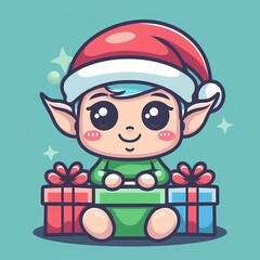 Cute cartoon elf child in a Santa hat with presents, joyful holiday spirit.