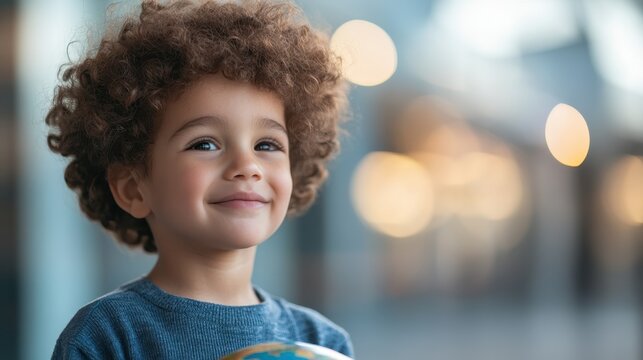 Enthusiastic Kindergarten Student Exploring the World on Interactive Globe