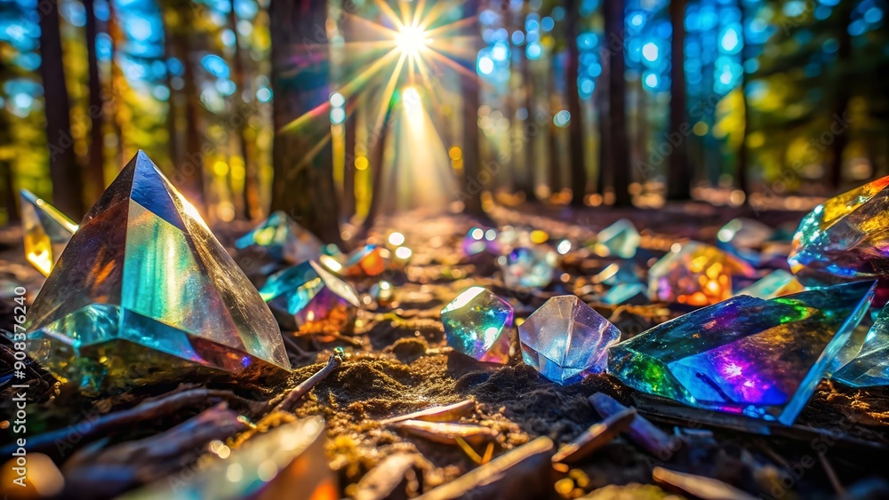 Aufkleber prismatic crystal shards embedded in a sun-drenched forest floor generative ai