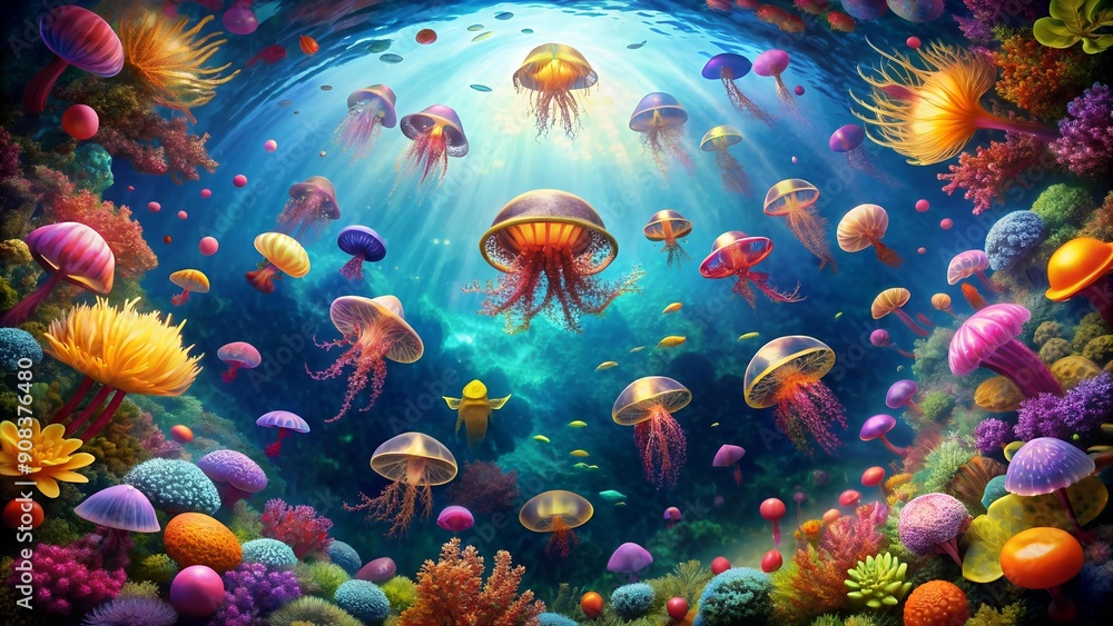 Poster underwater kaleidoscope: a symphony of color and movement in a jellyfish reef generative ai