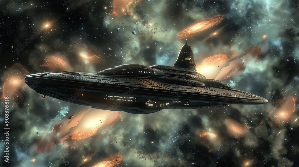 Poster a spaceship traveling through a nebula field in space.
