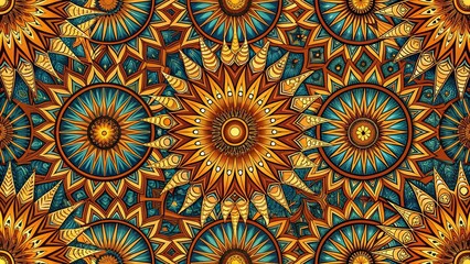Golden Sunburst: A Geometric Symphony of African Patterns  generative AI