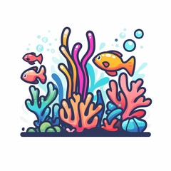 Colorful underwater scene with vibrant coral and playful fish illustrations.