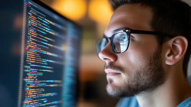 Focused College Student in Profile Attending Online Coding Bootcamp