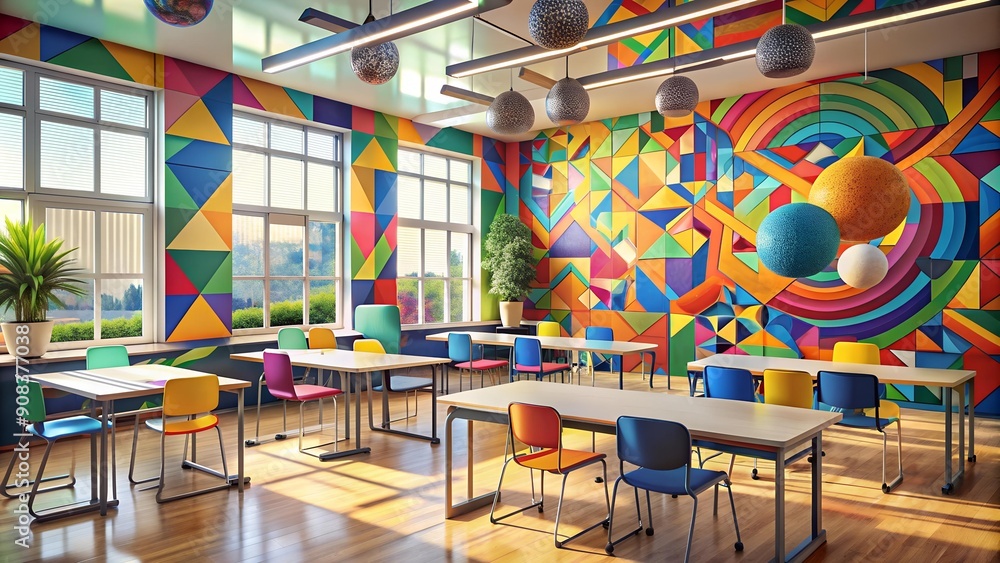 Aufkleber a burst of colorful knowledge: abstract classroom scene with vivid geometric shapes and swirls gener