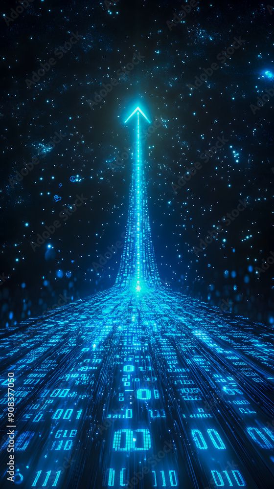 Poster futuristic digital arrow pointing upwards into the boundless cosmos representing the forward progres