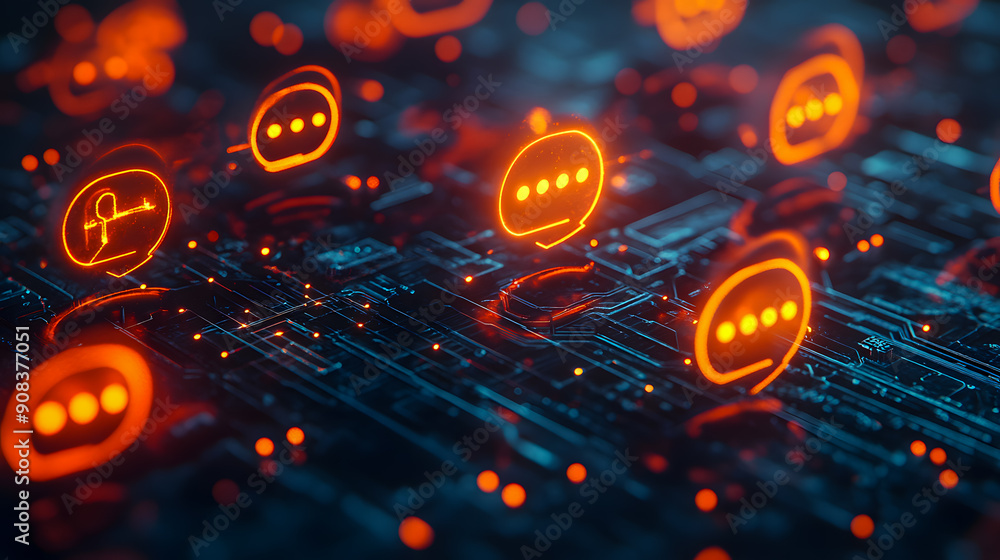 Poster neon lit digital landscape with luminous circuit patterns and data connections representing the powe