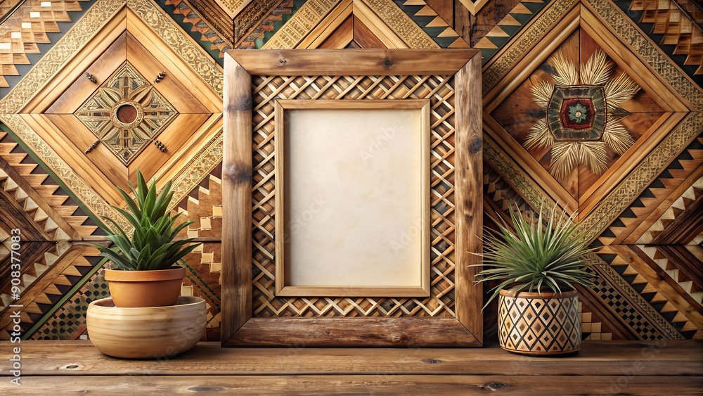 Poster geometric harmony: a wooden frame with geometric patterns in a boho setting generative ai