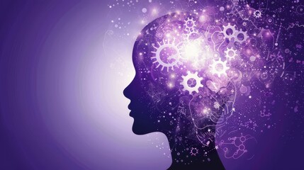 Abstract concept of human mind with gears and abstract elements in purple color.
