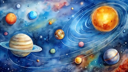 Celestial Symphony: A Watercolor Depiction of the Solar System  AI generated