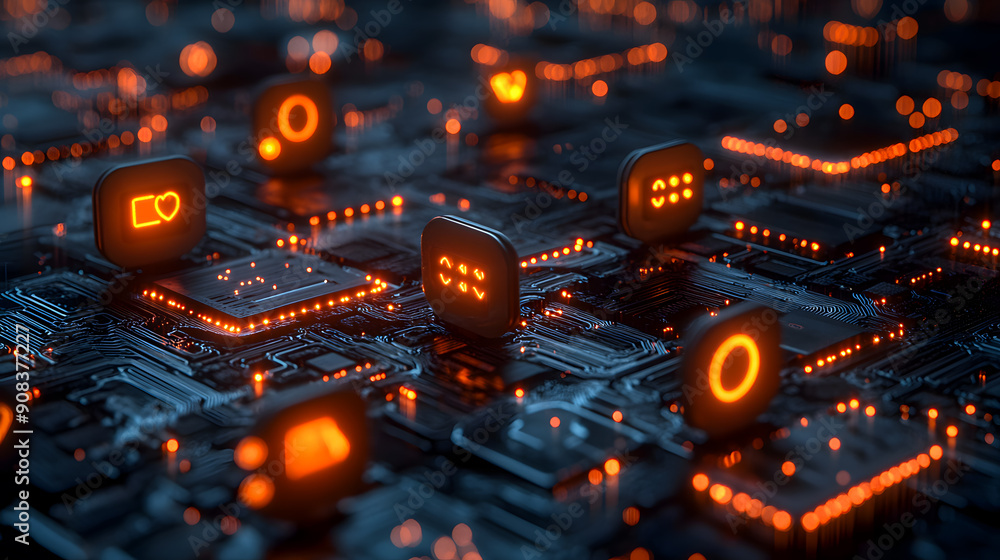 Poster closeup view of a glowing futuristic circuit motherboard with a complex interconnected network of te