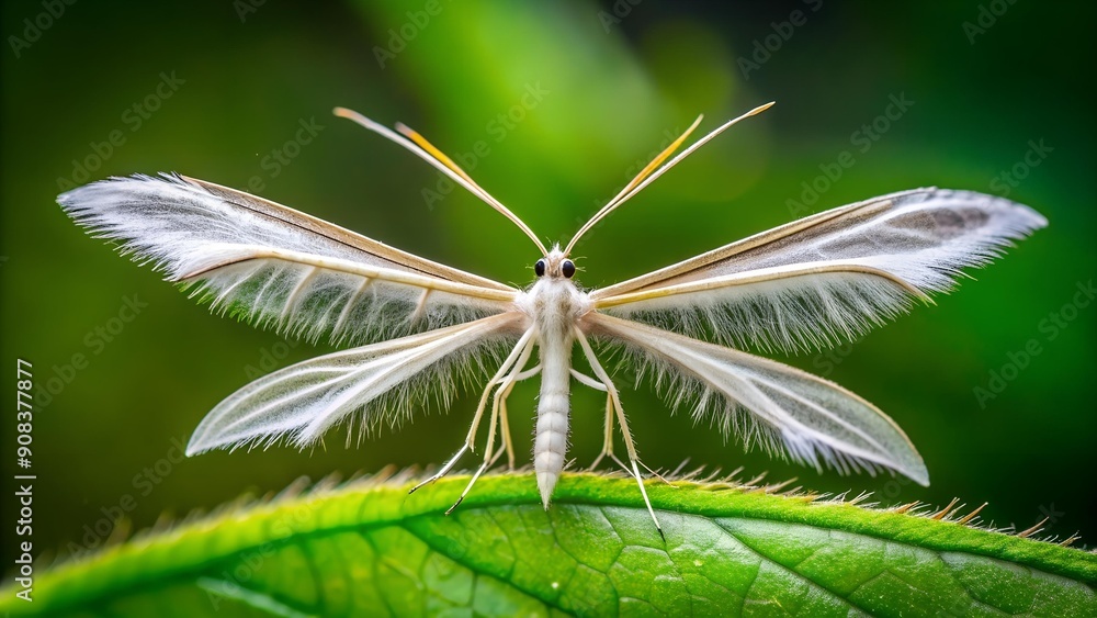 Poster ephemeral elegance: a macro view of a plume moth resting on a leaf generative ai