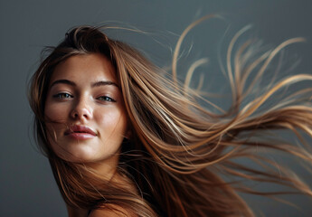 Fototapeta premium Gorgeous woman with long shiny hair in close-up portrait