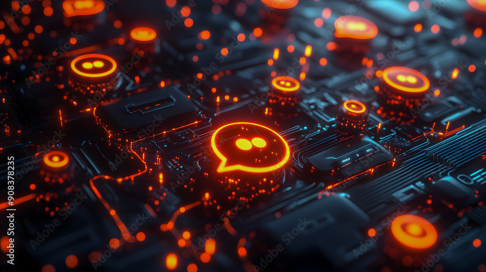 Poster captivating abstract background featuring a complex circuit board design with glowing neon lights di