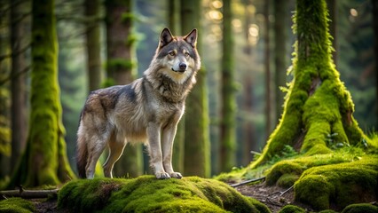 Naklejka premium Emerald Embrace: A Solitary Wolf Amidst the Ancient Forest AI generated