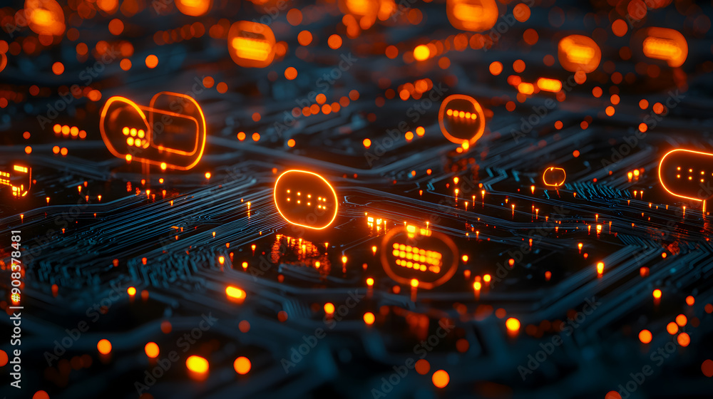 Poster glowing neon futuristic digital circuit board background with colorful illuminated geometric pattern