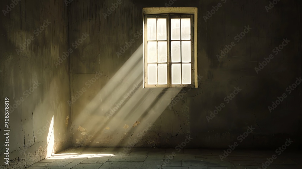 Poster sunlight streams through a window in a dark, abandoned room.