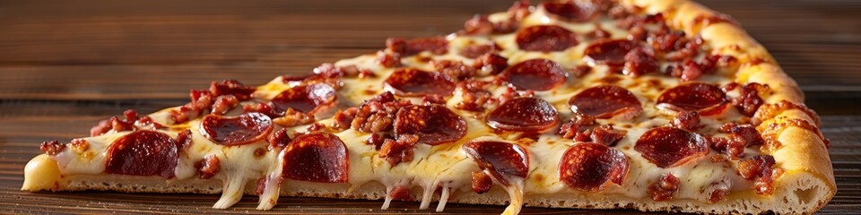 Delicious Pepperoni Pizza Slice with Melting Cheese on a Rustic Wooden Table Perfect for Pizza Lovers and Food Enthusiasts