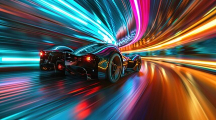 3D Electric Car Driving on High Speed, Racing Through a Colorful Tunnel. Transparent chassis showing its interior.