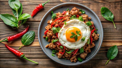 Spicy Symphony: A Top View of Pad Kra Pao's Vibrant Aroma  AI Generated