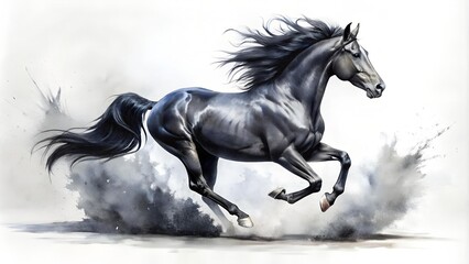 Black Stallion's Fury: A Dynamic Ink Painting of a Galloping Black Horse Against a White Background  AI generated