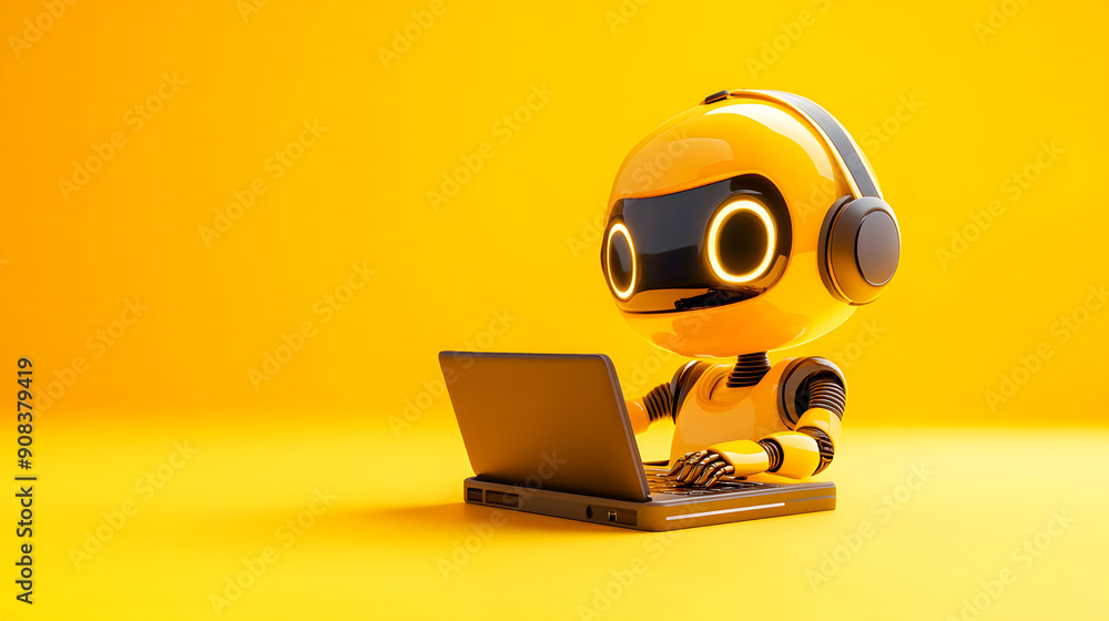 Poster intelligent robotic assistant working on a laptop computer in a modern futuristic styled orange stud