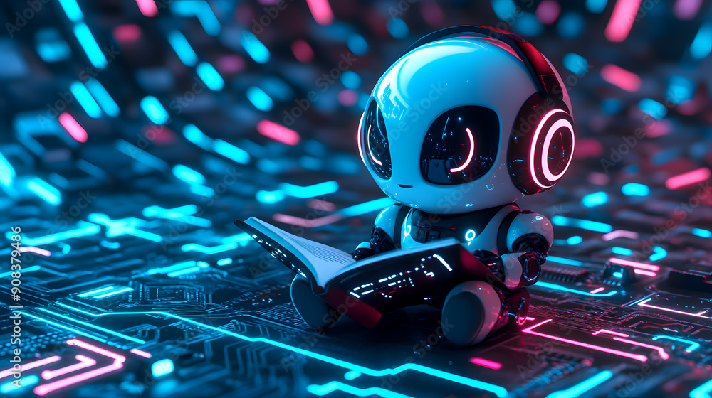 Poster a futuristic cybernetic robot navigating through a vibrant neon lit digital landscape filled with co