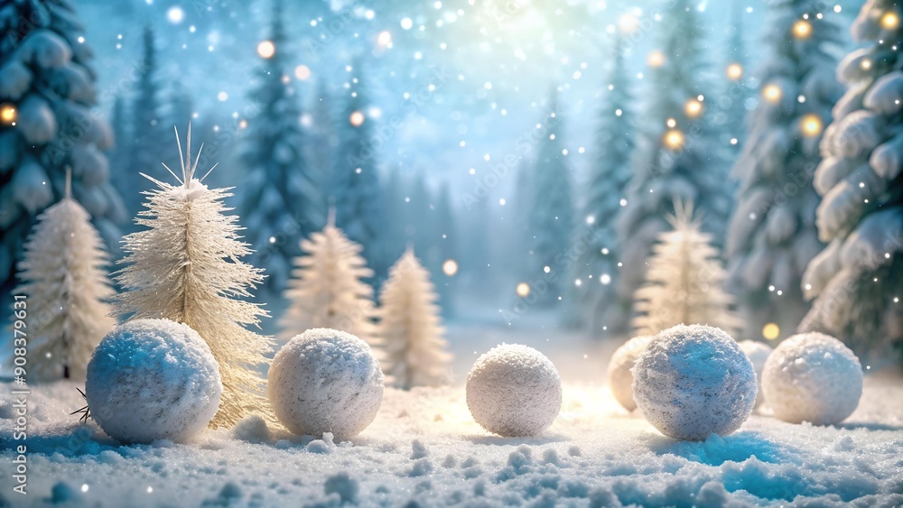 Poster snowy forest scene with sparkling snowballs generative ai
