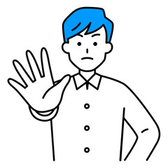 右手を前に出して拒否するカジュアルな男性