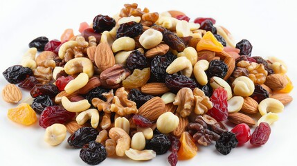 A pile of mixed nuts and dried fruits.