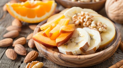 A wooden bowl of fruit, including peach slices, kiwi slices, and banana slices, surrounded by almonds, walnuts, and cinnamon sticks.