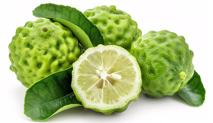 Green lime cut in half showing texture on white background