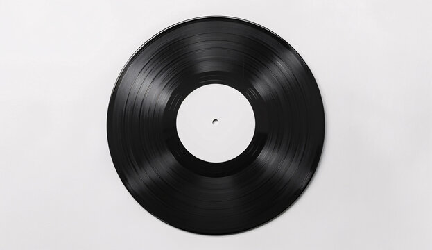 Minimalist white background with vinyl record in flat lay