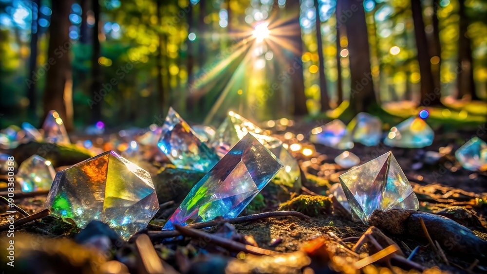 Aufkleber prismatic crystal shards embedded in a sun-drenched forest floor ai generated