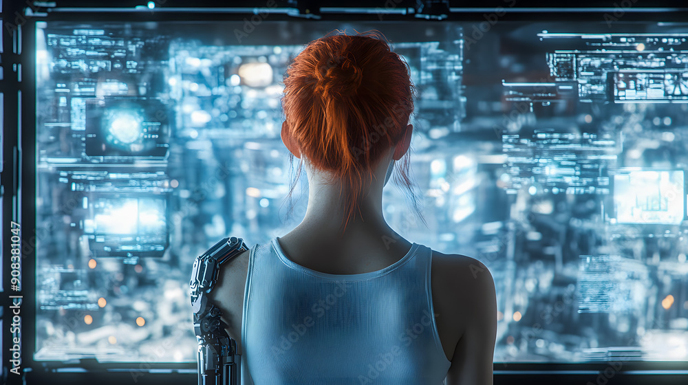 Poster futuristic woman standing in front of a large holographic digital interface surrounded by a complex 