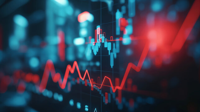 red arrow trending up, urban stock market screen sign information in cityscape, blue background