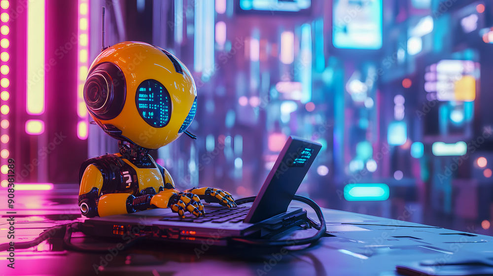 Poster futuristic robot or cyborg working on laptop computer in neon lit city backdrop with glowing screens