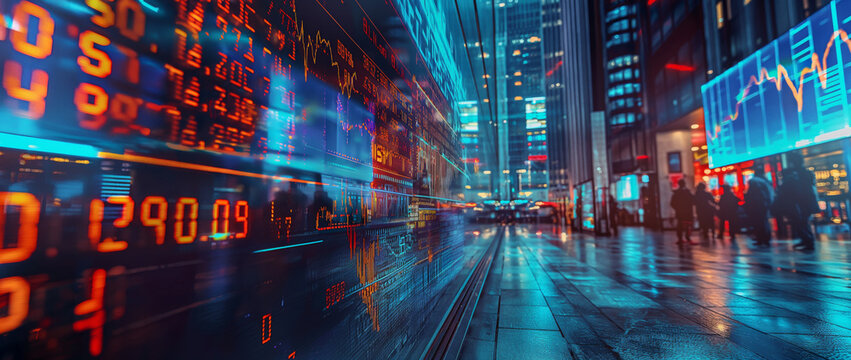 Urban stock market screen sign information in cityscape