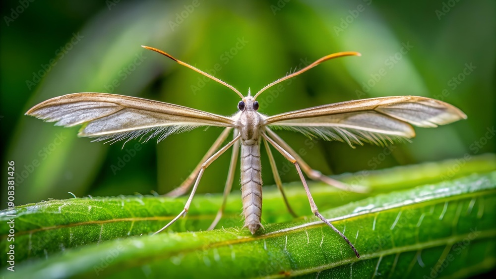 Poster a glimpse into the unknown: a plume moth explored through macro lens generative ai