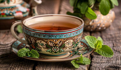 Arabic mint tea in ornate teacup with Islamic patterns