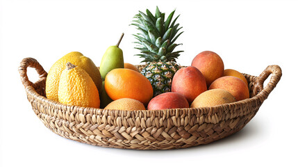 Tropical fruits in woven basket isolated on white background