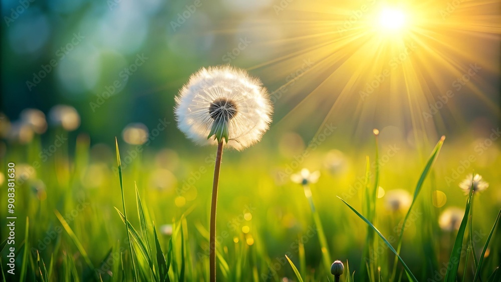 Poster sunlit meadow with a single dandelion seed floating ai generated
