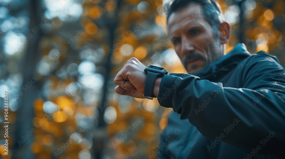 Poster Mid adult man using smart watch during training Heart monitor beats with wristwatch smart watch or future data on healthcare technology in use of smart watch for health condition : Generative AI