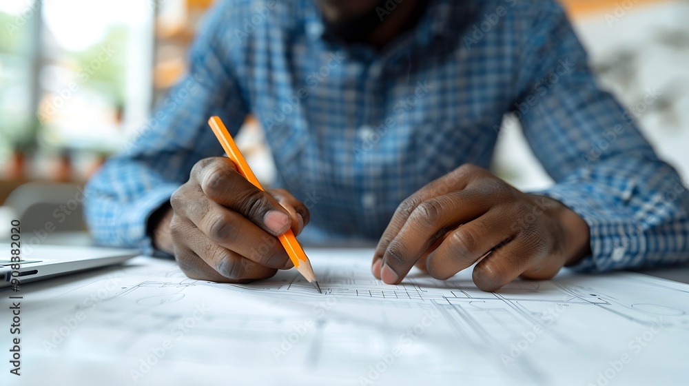 Leinwandbilder Black man office and drawing on blueprint with pencil for planning a building design layout and project as architect Table construction and engineering person with idea for property re : Generative AI