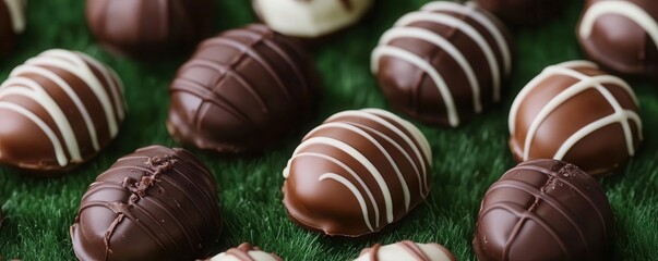 Assorted chocolate peanut butter footballs on a green grass field background, game day snacks, footballshaped food, sports party treats