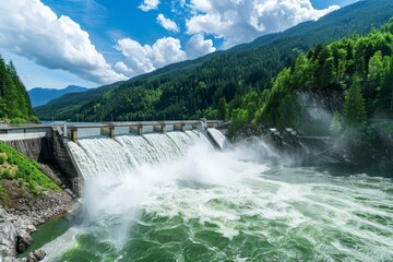 Fototapeta premium A dam releases a powerful waterfall into a turquoise river, surrounded by vibrant green trees and a picturesque mountain landscape.