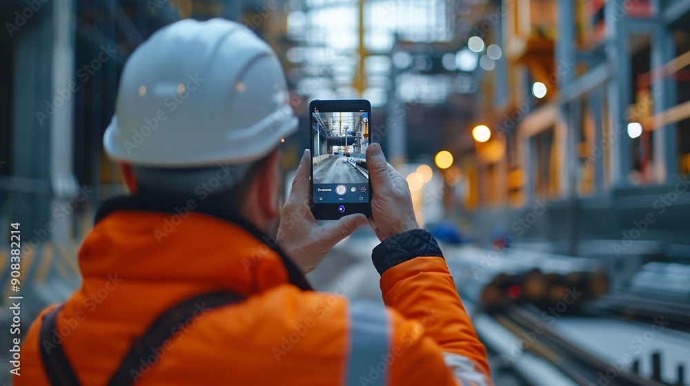 Poster Construction engineer using mobile smart phone on site during inspection selective focus : Generative AI