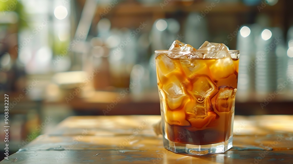 Poster iced coffee with ice cubes in a glass on the table : generative ai