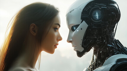 A woman and a futuristic robot face each other with intent expressions, bathed in soft, hazy light, symbolizing the intersection of human intimacy and advanced technology.