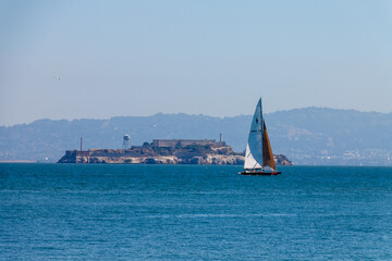 Sailboat Alcatraz Island Prison on San Francisco Bay